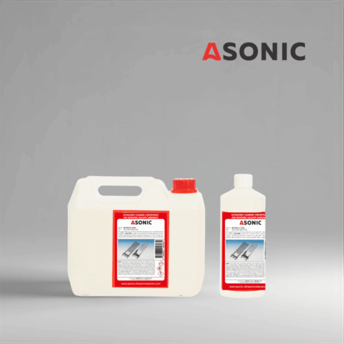 ASONIC AS-CALC detergent in 1L, 5L, and 25L canisters for limescale and mineral deposit removal.