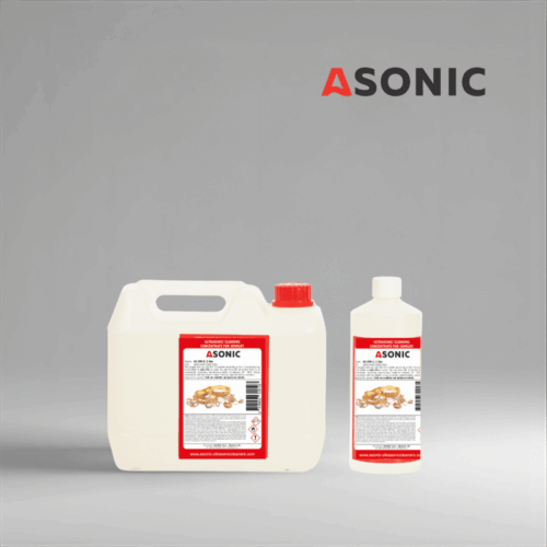 ASONIC AS-JEW detergent in 1L, 5L, and 25L canisters for ultrasonic jewelry cleaning.