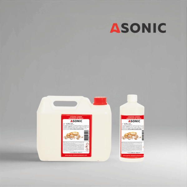ASONIC AS-JEW detergent in 1L, 5L, and 25L canisters for ultrasonic jewelry cleaning.