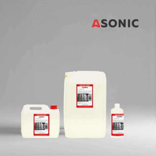 ASONIC AS-METALECO eco-friendly ultrasonic detergent in 1L, 5L, and 25L canisters.