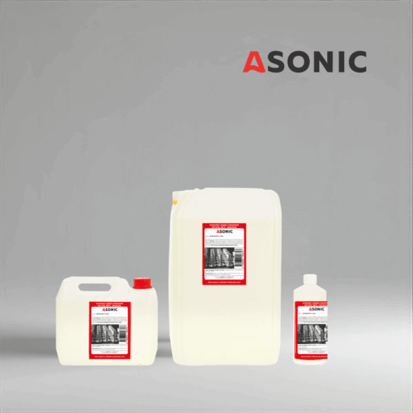ASONIC AS-METALECO eco-friendly ultrasonic detergent in 1L, 5L, and 25L canisters.