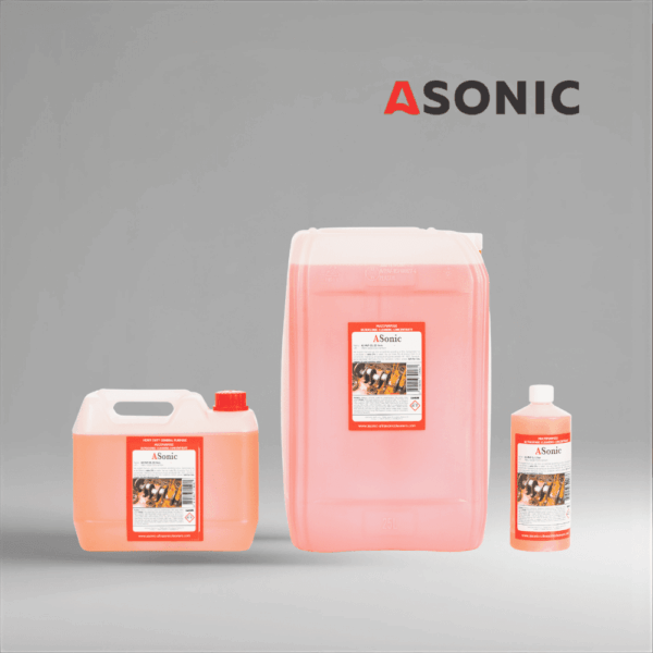 ASONIC AS-MLP detergent in 1L, 5L, and 25L canisters for cleaning plastics and light metal parts.