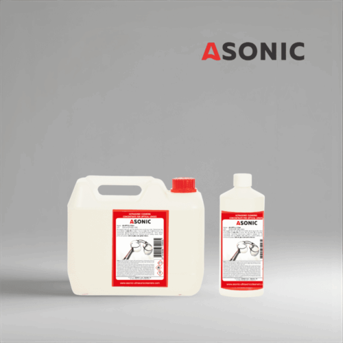 ASONIC AS-OPT detergent in 1L, 5L, and 25L canisters for ultrasonic cleaning of optical lenses.