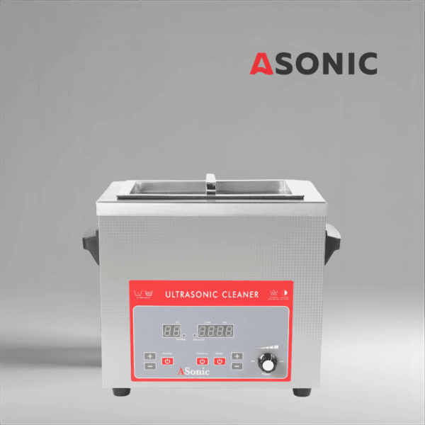 ASONIC-IND-40-40kHz-1 ASONIC 4L ultrasonic cleaner with stainless-steel lid designed for professional industrial use.