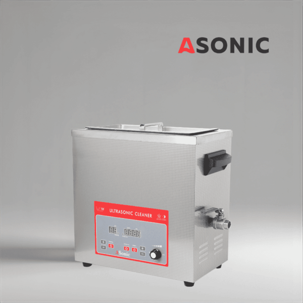 ASONIC IND-80 ultrasonic cleaning machine, compact stainless steel design for precision applications.