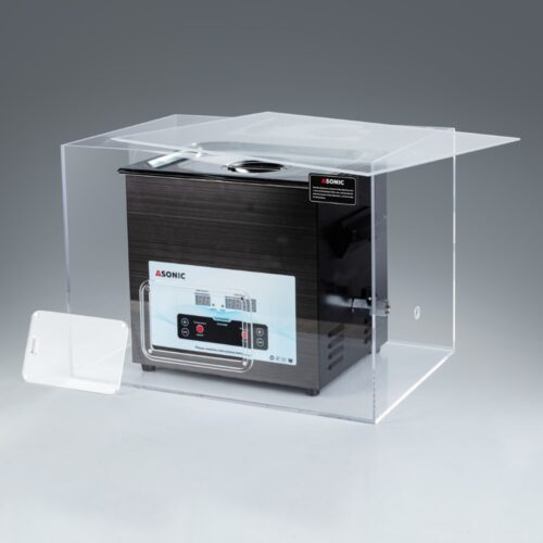 ASONIC-MED-100-40khz-silentbox2-scaled Open silent box showing a 10L ASONIC ultrasonic cleaner designed for quiet professional cleaning.