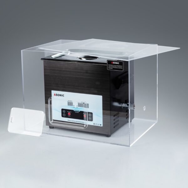 ASONIC-MED-100-40khz-silentbox2-scaled Open silent box showing a 10L ASONIC ultrasonic cleaner designed for quiet professional cleaning.