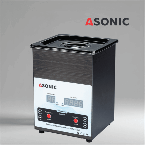 Black ASONIC MED 2L ultrasonic cleaner with closed lid for medical and laboratory instrument cleaning.
