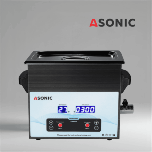 Black ASONIC MED 3L ultrasonic cleaner with stainless lid for cleaning medical and dental tools.