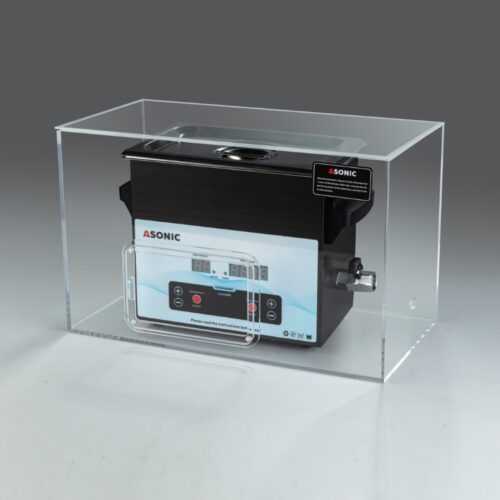 ASONIC 3L ultrasonic cleaner placed inside a silent box to reduce operational sound during cleaning.