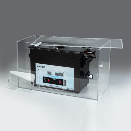 ASONIC-MED-30-40khz-silentbox2-scaled Open silent box displaying a 3L ASONIC ultrasonic cleaner, illustrating noise reduction design.