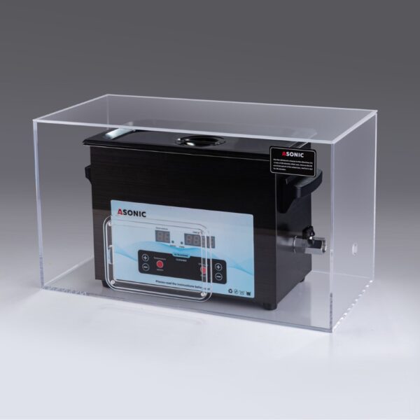 ASONIC 5L ultrasonic cleaner placed inside a silent box that minimizes sound during operation.