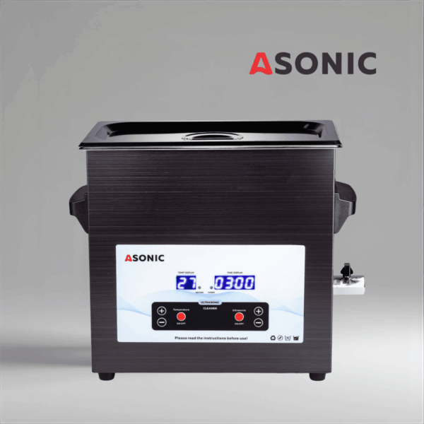 ASONIC-MED-70-2 ASONIC MED 7L black ultrasonic cleaner with closed lid designed for dental and medical applications.