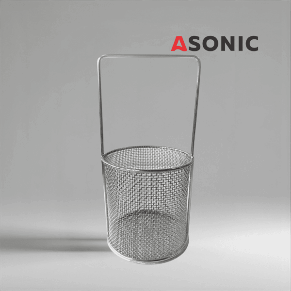 ASONIC stainless steel round basket with handle Ø75mm, designed for ultrasonic cleaning of jewelry and fine tools.