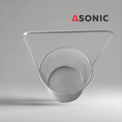 “ASONIC inox round basket Ø75mm with handle, convenient accessory for ultrasonic cleaners, ideal for small items.