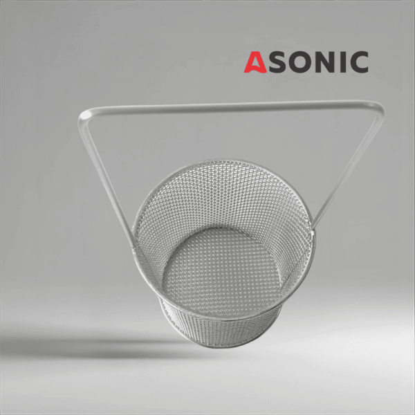“ASONIC inox round basket Ø75mm with handle, convenient accessory for ultrasonic cleaners, ideal for small items.