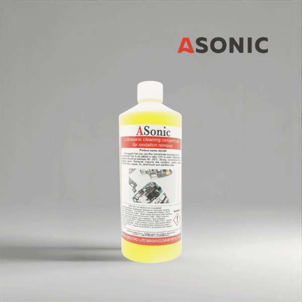ASONIC AS-OXI-1 ultrasonic oxidation remover, 1L cleaning concentrate for safe oxide removal on jewelry and tools.