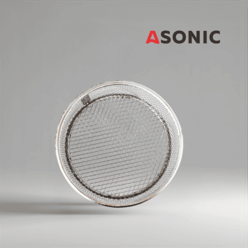 ASONIC inox medium round basket Ø75mm, designed for ultrasonic cleaners to safely hold jewelry, tools and small components.