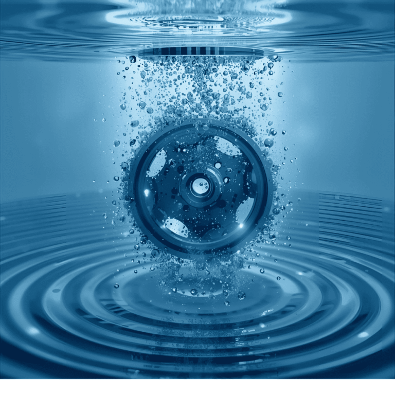 Esta imagen muestra un engranaje metálico sumergido en agua azul con burbujas visibles