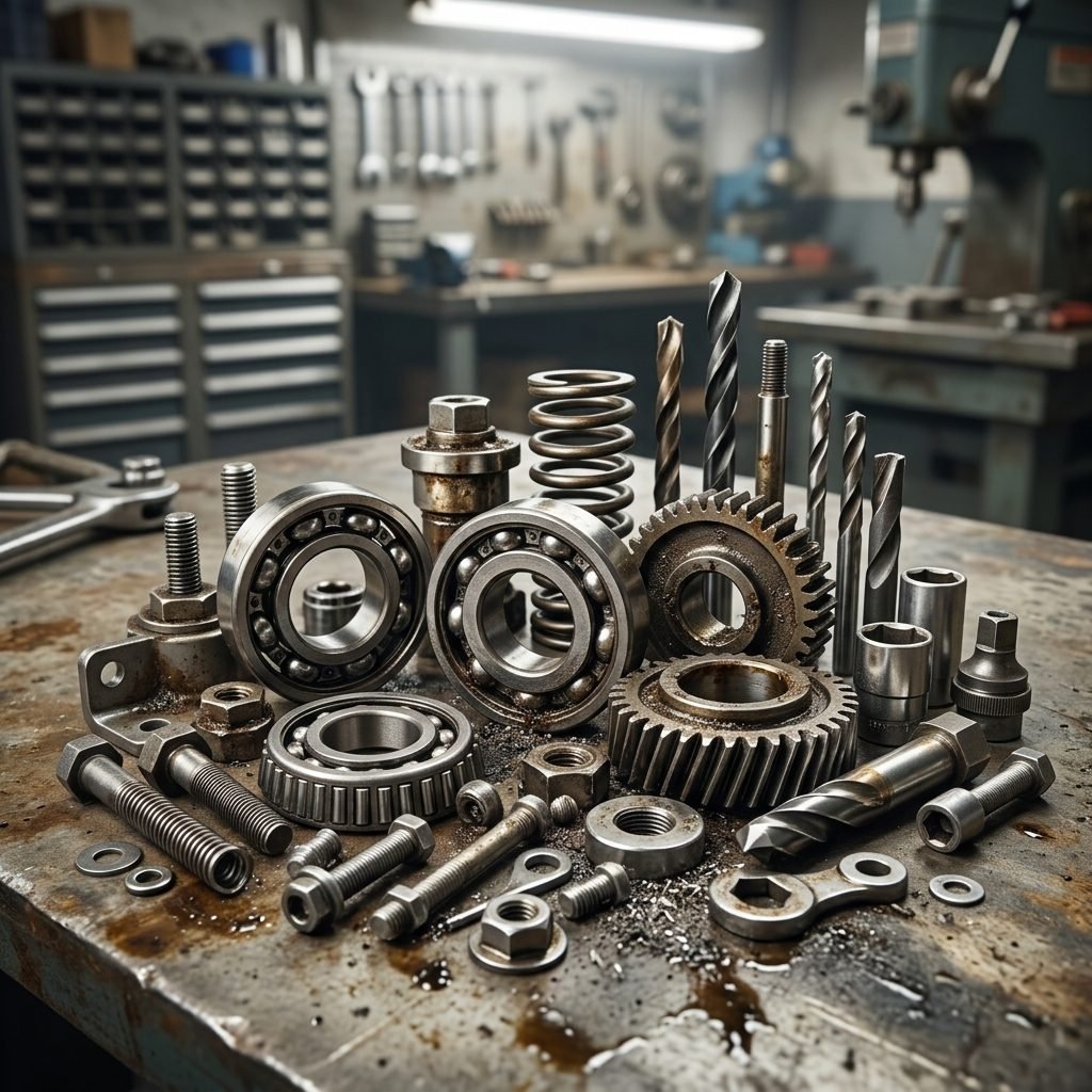 Rodamientos, engranajes y piezas mecánicas en un taller