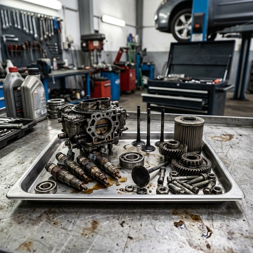 Piezas de motor y un carburador en un taller de automoción, listos para la limpieza ultrasónica