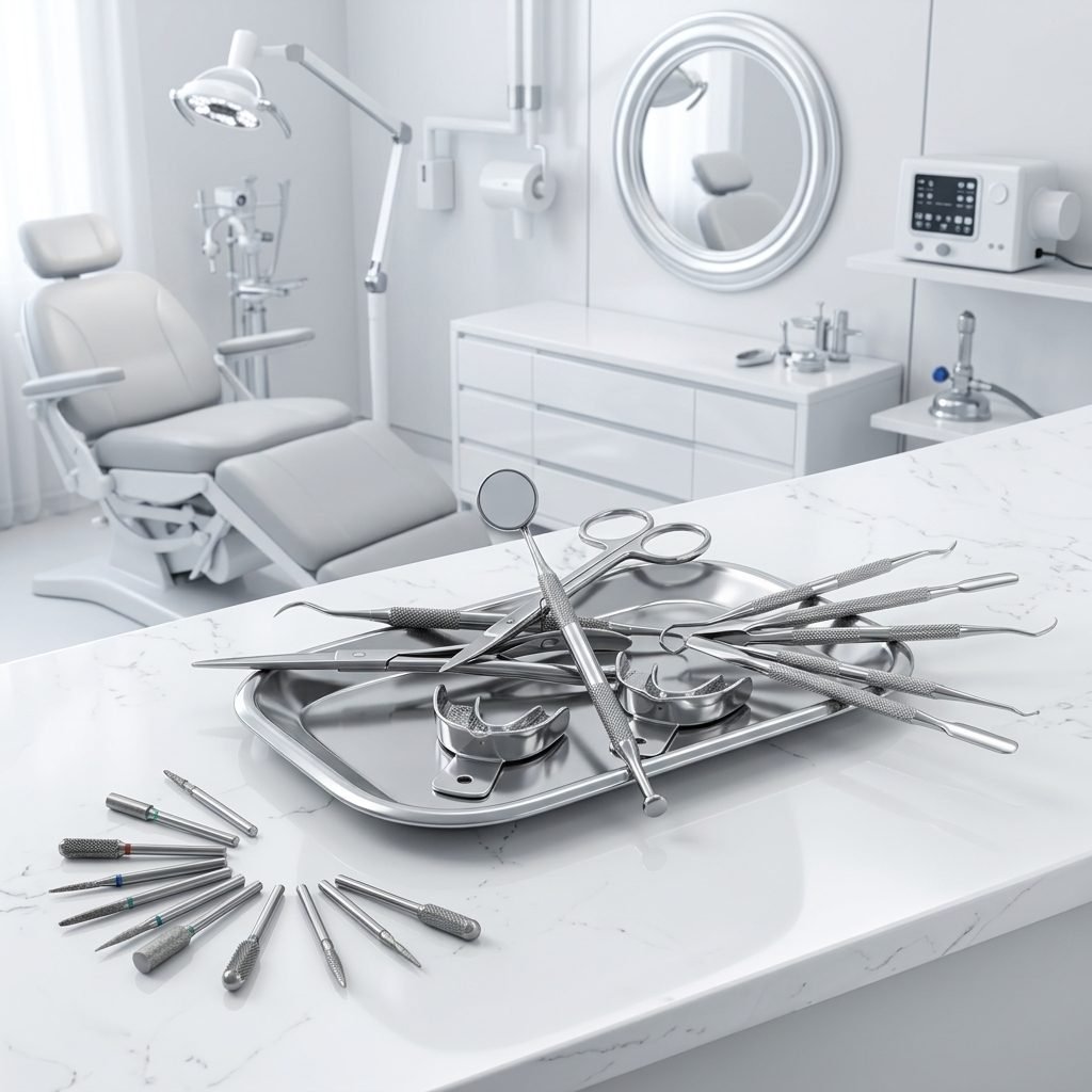 Instrumental dental en una clínica, listo para la limpieza ultrasónica