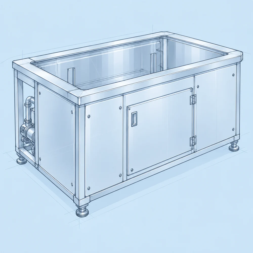 Dibujo de un limpiador ultrasónico industrial ASONIC a medida con cubeta de acero inoxidable
